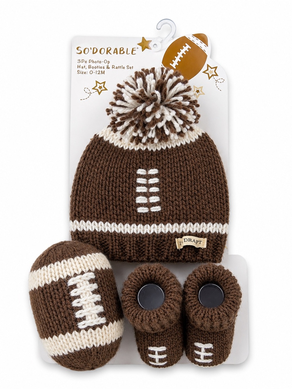 So'Dorable Brown & Cream Football Knit Hat, Booties & Rattle Set